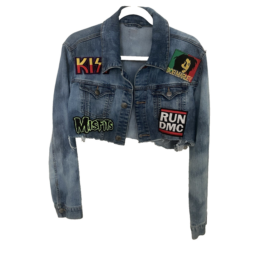 Rare Vtg 90's Kiss Denim Cropped Jacket Band Patches Misfits Rundmc Bob Marley S